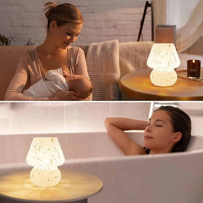 Mushroom Lamp Small Bedside Table Lamp-Nightstand Nightlight Dimmable Stepless, Translucent Glass White Desk Lamp for Bedroom Dorm Living Kitchen, Murano Style Aesthetic Cute Home Decor Gift - LeafyLoom