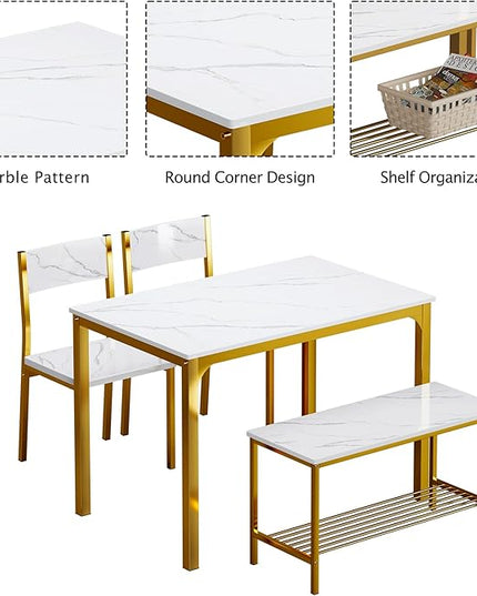 sogesfurniture Modern 4-Piece Kitchen Dining Table Set with 1 Bench and 2 Chairs, Kitchen Bench Table Set for 4, Wooden Kitchen Table and Chairs for Limited Space,Gold - LeafyLoom
