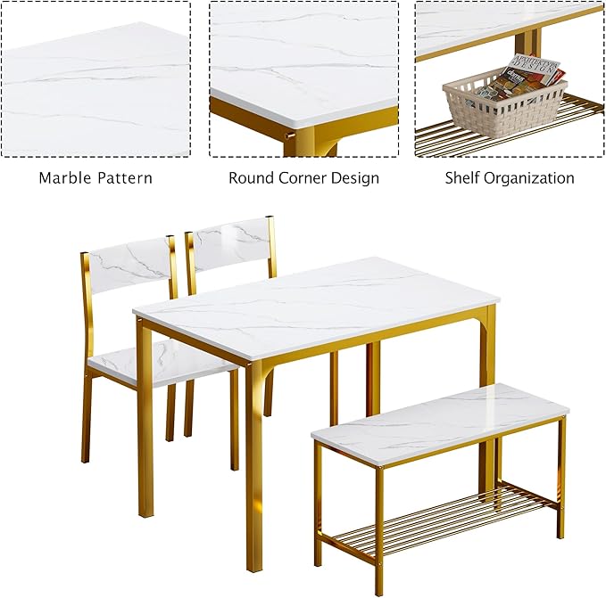 sogesfurniture Modern 4-Piece Kitchen Dining Table Set with 1 Bench and 2 Chairs, Kitchen Bench Table Set for 4, Wooden Kitchen Table and Chairs for Limited Space,Gold - LeafyLoom