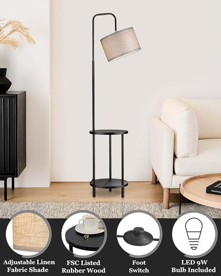 ELYONA Modern Floor Lamp for Living Room, Solid Wood Side Table Lamp with Grey Fabric Drum Shade, 3-Color Temperatures End Table Standing Light for Bedroom, Living Room, LED Bulb Included, Matte Black - LeafyLoom