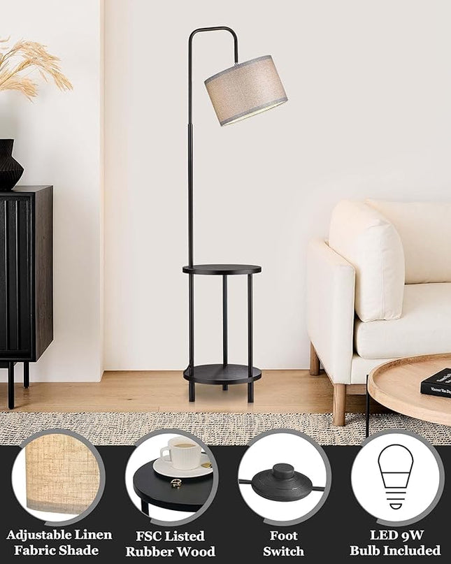 ELYONA Modern Floor Lamp for Living Room, Solid Wood Side Table Lamp with Grey Fabric Drum Shade, 3-Color Temperatures End Table Standing Light for Bedroom, Living Room, LED Bulb Included, Matte Black - LeafyLoom