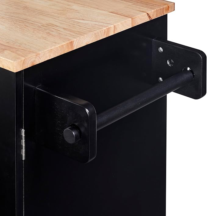 Rolling Kitchen Island with 3 Drawer and 2 Slide-Out Shelf,Rubber Wood Top Cart W/Spice-Rack & Tower-Rack,Internal Storage Rack,for Home Refectory,Black - LeafyLoom