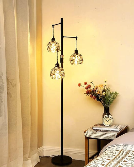 Dimmable Crystal Floor Lamp, Industrial Farmhouse Lamps for Living Room, 3-Light Black Standing Lamp Bedroom, Modern with 3 Lampshades, Rustic Tall Tree 64inch, E26 - LeafyLoom
