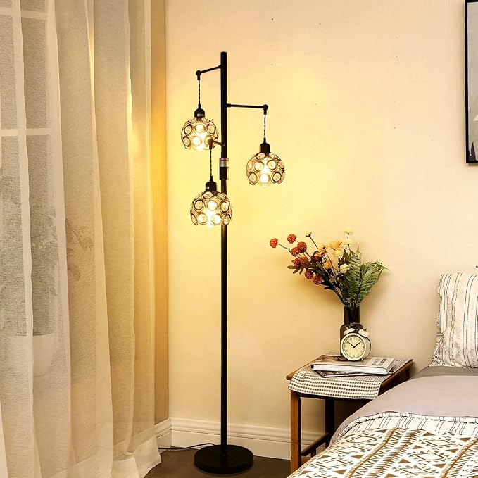 Dimmable Crystal Floor Lamp, Industrial Farmhouse Lamps for Living Room, 3-Light Black Standing Lamp Bedroom, Modern with 3 Lampshades, Rustic Tall Tree 64inch, E26 - LeafyLoom