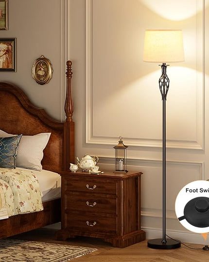 Vintage Floor Lamp with Linen Shade - 3 Color Temperature, Black, LED Bulbs, Foot Pedal Switch, Easy Assembly - LeafyLoom