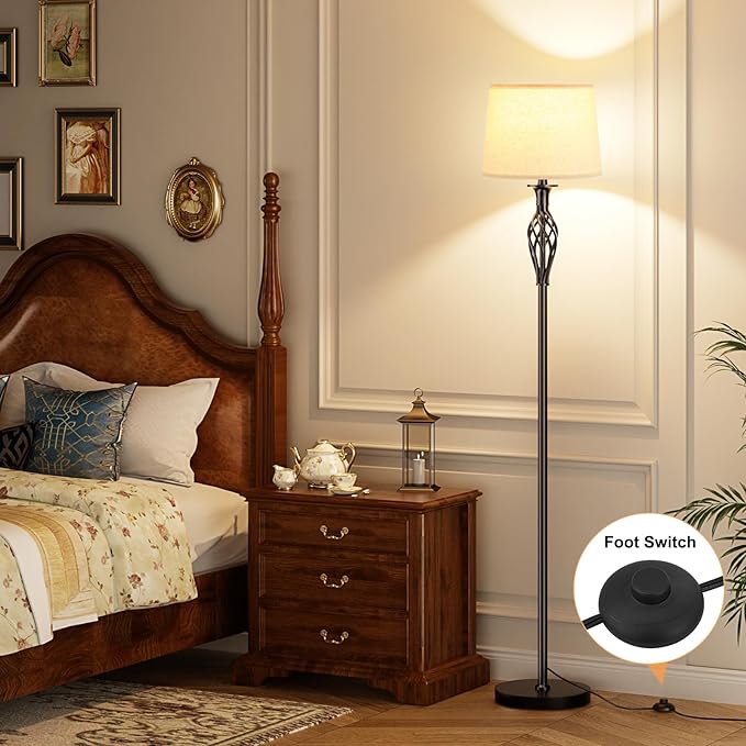 Vintage Floor Lamp with Linen Shade - 3 Color Temperature, Black, LED Bulbs, Foot Pedal Switch, Easy Assembly - LeafyLoom