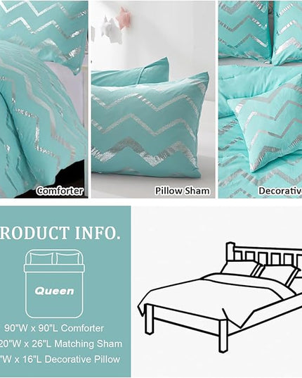 Aqua Comforter Set Queen Size Metallic Teal and Silver Bedding Set, 4 Piece Lightweight Microfiber Bed Set for Teen Girls Women (2 Pillow Shams + 1 Decorative Pillow Sham) - LeafyLoom