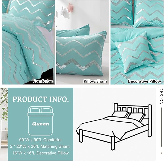Aqua Comforter Set Queen Size Metallic Teal and Silver Bedding Set, 4 Piece Lightweight Microfiber Bed Set for Teen Girls Women (2 Pillow Shams + 1 Decorative Pillow Sham) - LeafyLoom