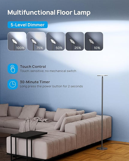 TROND Floor Lamp, Bright Sky LED Modern Torchiere Lamp, 71 in Tall Aluminum Pole Light, 5500K Natural Daylight Standing Lamp, Touch 5-Level Dimmable, 5000 lm, 30 Mins Timer for Living Room Bedroom - LeafyLoom