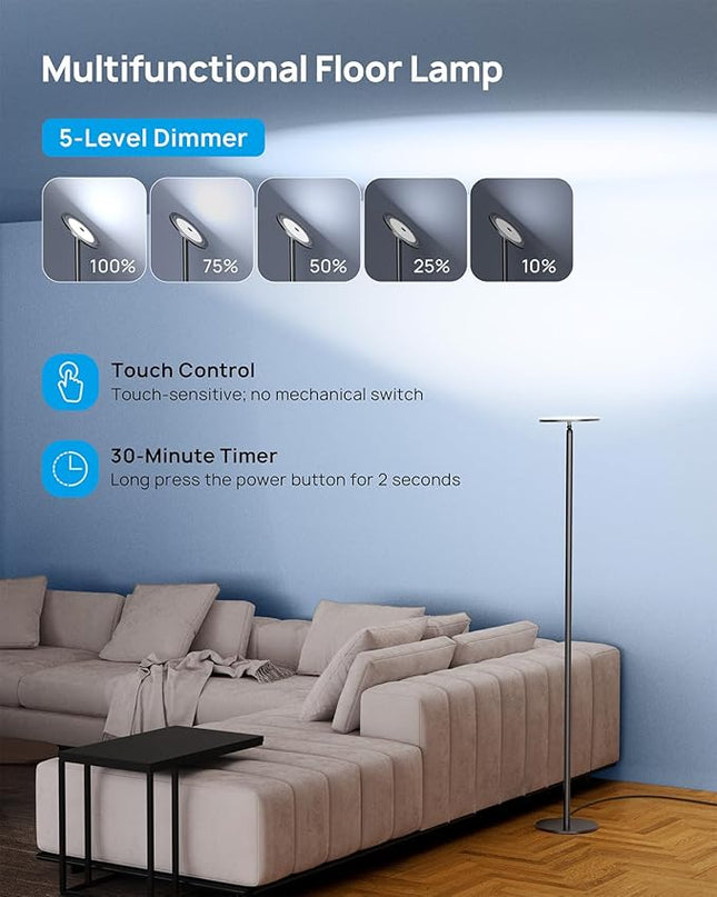 TROND Floor Lamp, Bright Sky LED Modern Torchiere Lamp, 71 in Tall Aluminum Pole Light, 5500K Natural Daylight Standing Lamp, Touch 5-Level Dimmable, 5000 lm, 30 Mins Timer for Living Room Bedroom - LeafyLoom