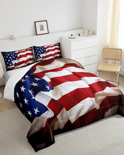 Erosebridal American Flag Comforter Set, United States Down Comforter Queen Size for Kids Boys Teens, USA Federations Stars Bedding Set Geometric Stripes Quilted Duvet for Bedroom, Blue White and Red - LeafyLoom