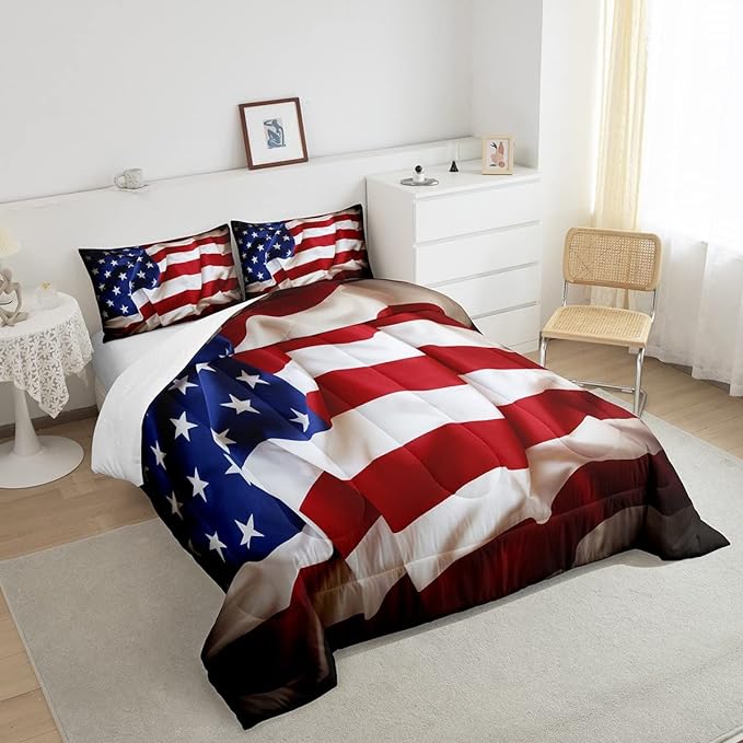 Erosebridal American Flag Comforter Set, United States Down Comforter Twin Size for Kids Boys Teens, USA Federations Stars Bedding Set Geometric Stripes Quilted Duvet for Bedroom, Blue White and Red - LeafyLoom