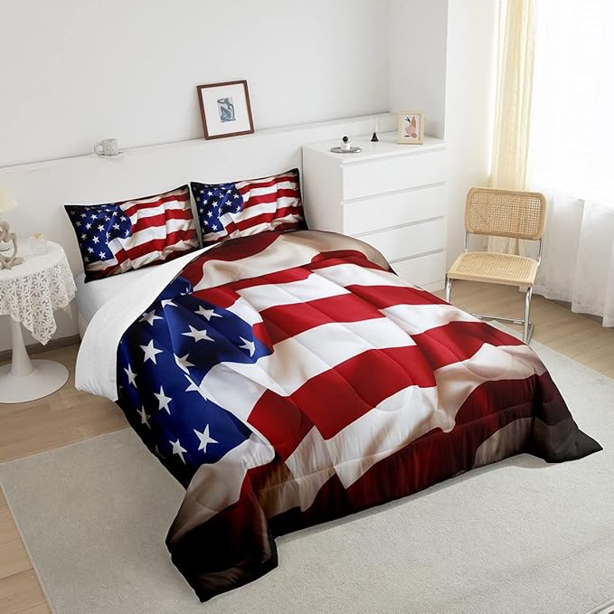 Erosebridal American Flag Comforter Set, United States Down Comforter Full Size for Kids Boys Teens, USA Federations Stars Bedding Set Geometric Stripes Quilted Duvet for Bedroom, Blue White and Red - LeafyLoom