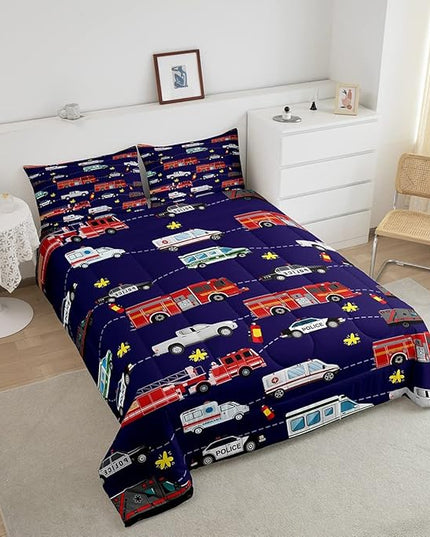 Fire Truck Bedding Bed Set Police Car Comforter Set for Kids Boys Girls Teens Youth Decor Engine Ambulance Cute Comforter Emergency Vehicle Blue Soft Quilt Set Room 3Pcs King Size - LeafyLoom