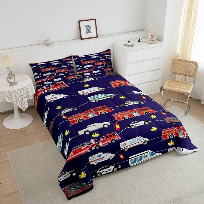 Fire Truck Bedding Bed Set Police Car Comforter Set for Kids Boys Girls Teens Youth Decor Engine Ambulance Cute Comforter Emergency Vehicle Blue Soft Quilt Set Room 3Pcs King Size - LeafyLoom