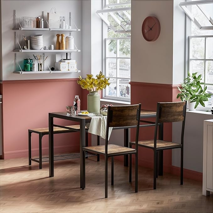 Kitchen Table and 2 Chairs for 4 with Bench, 4 Piece Dining Sets for Small Space, Rustic Brown - LeafyLoom