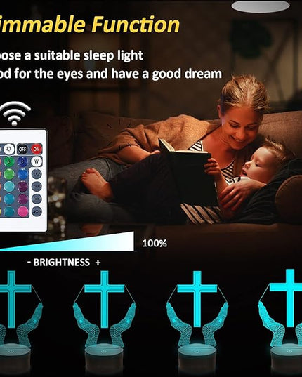 Jesus Cross 3D LED Night Light for Friends Xmas Easter Room Decor Gifts, Crucifix Optical Illusion Desk Table Lamp with Remote + 16 Color Flashing Change + Timer - LeafyLoom