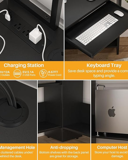 Cyclysio Small Corner Desk with Hutch, Heavy Duty Corner Computer Desk with Power Outlets & LED Light, Triangle Corner Gaming Desk with Keyboard Tray for Home Office, Small Space, Workstation Black - LeafyLoom