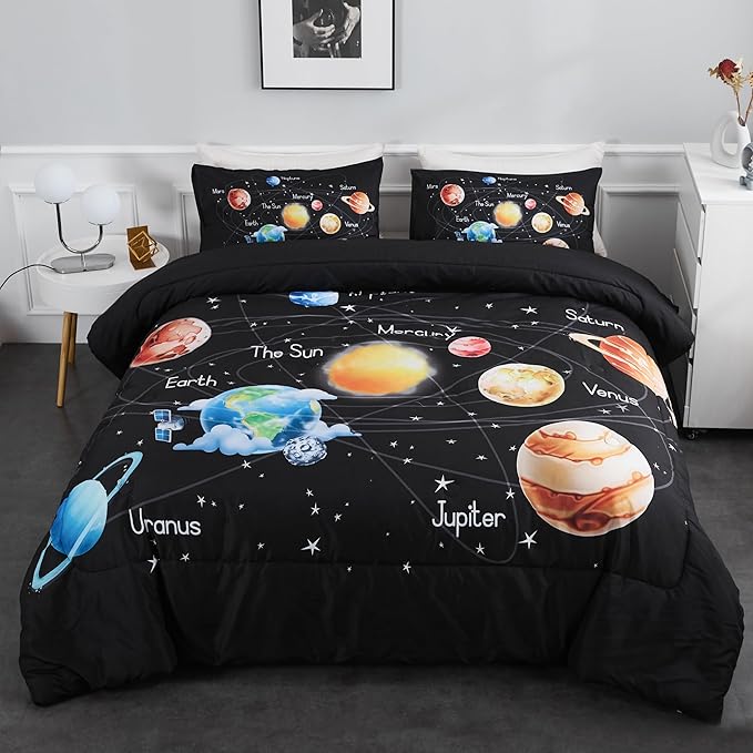 Outer Space Bedding Set King Solar System Comforter Set 3 Pieces 1 Space Comforter Twin and 2 Pillow Cases for Boys Girls Kids Ultra-Soft Microfiber All Seasons for Bedroom Sofa - LeafyLoom