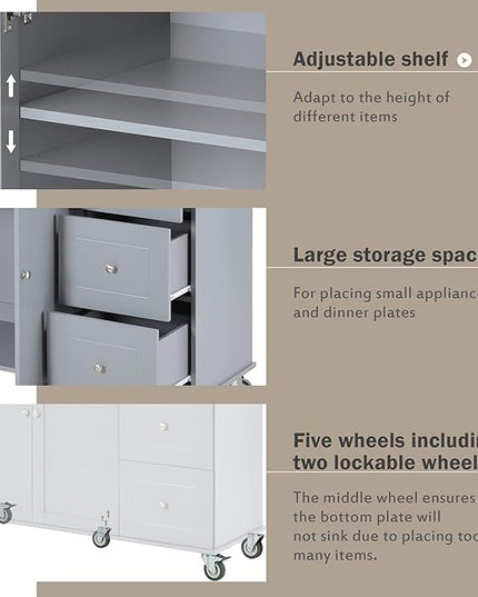 52.7 Cart with Wood Top and Drop Leaf Breakfast Bar, Rolling Mobile Island Towel Rack,Large Storage Cabinet Kitchen Table for Dinning Room, Grey, 52.76 Inch - LeafyLoom