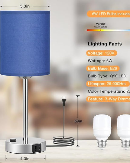 Blue Bedside Table Lamps for Bedroom Set of 2 - Touch Nightstand Lamp with USB-A+C Charging Ports & AC Outlet - 3 Way Dimmable Small Desk Lamp White for Office, Living Room, Reading - LeafyLoom