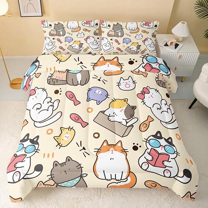 Kawaii Cat Comforter Twin,Kawaii Animals Comforter Set for Kids Teens Girls,3Pcs Bedding Set Printed Comforter with 2 Pillowcases,Down Alternative,Soft and Lightweight，Twin Size - LeafyLoom