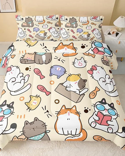 Kawaii Cat Comforter Full,Kawaii Animals Comforter Set for Kids Teens Girls,3Pcs Bedding Set Printed Comforter with 2 Pillowcases,Down Alternative,Soft and Lightweight，Full Size - LeafyLoom