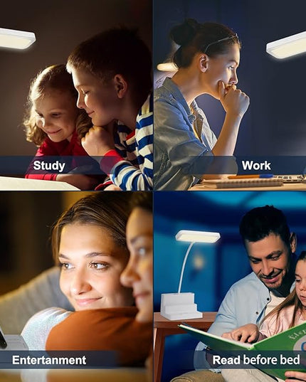 Small LED Desk Lamp with Pen/Phone Holder, Rechargeable Desk Light with Flexible Gooseneck, 3 Color Modes, Stepless Dimming, Eye Caring, Small Study Lamp for Dorm, Bedroom - LeafyLoom