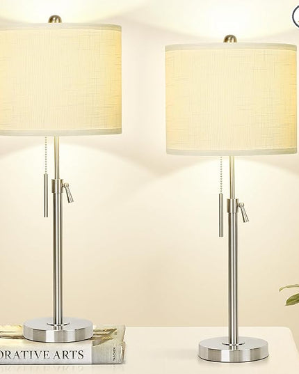 Brushed Nickel Table Lamps Set of 2: 22" to 30" Height Adjustable Nightstand Lamps with White Linen Shade | Pull Chain Switch | Silver Pole Beside Lamp for Living Room Bedroom - LeafyLoom