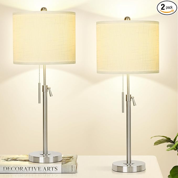 Brushed Nickel Table Lamps Set of 2: 22" to 30" Height Adjustable Nightstand Lamps with White Linen Shade | Pull Chain Switch | Silver Pole Beside Lamp for Living Room Bedroom - LeafyLoom