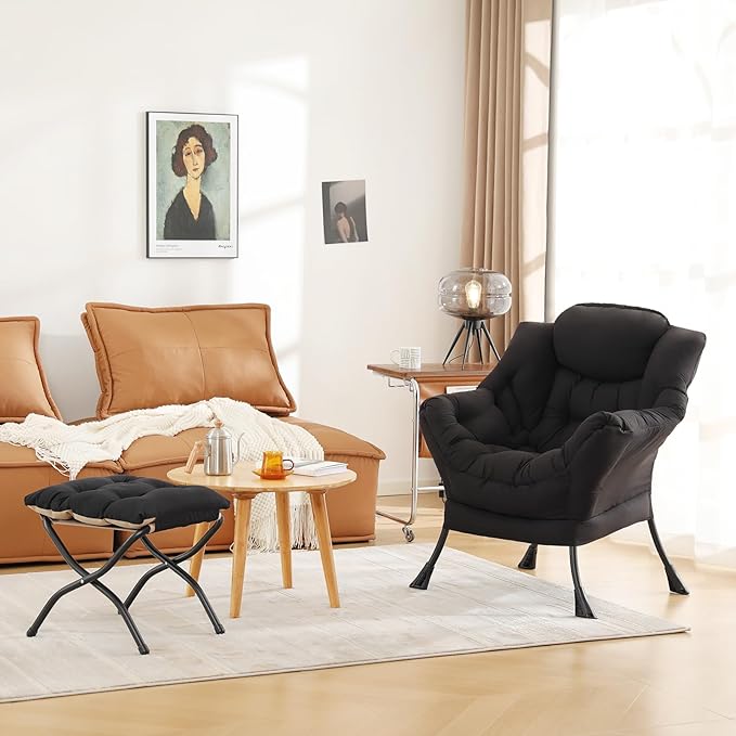Cozy Lazy Chair and Ottoman, Large Contemporary Accent Lounge Chair Set, Leisure Upholstered Reading Armchair for Bedroom, Living Room, Dorm Rooms, Office - LeafyLoom