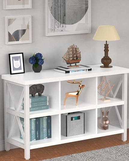6 Cube Storage Organizer with Shelf, 3 Tier Metal and Wood Open Book Shelf, Long Wide Office Cubby Bookcase with Storage, Industrial Horizontal Bookshelf (White, 47 Inch) - LeafyLoom