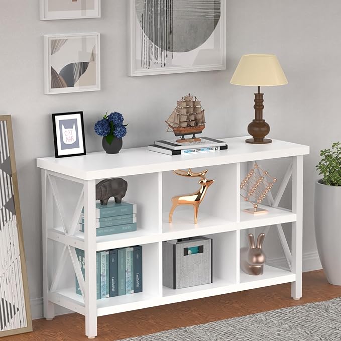6 Cube Storage Organizer with Shelf, 3 Tier Metal and Wood Open Book Shelf, Long Wide Office Cubby Bookcase with Storage, Industrial Horizontal Bookshelf (White, 47 Inch) - LeafyLoom