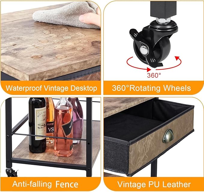 X-cosrack Coffee Bar Cart with Storage, 3-Tier Coffee Table with Drawer for Home Buffets & Sideboards,Coffee Station Corner Table with Rolling Wheels for Kichen, Entryway, Living Room-Patent - LeafyLoom