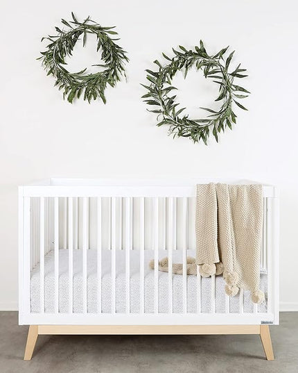 dadada Baby Soho 3-in-1 Convertible Crib – Made in Italy, GREENGUARD Gold, Adjustable Mattress Height, Solid Beechwood – Baby-Safe Finish, Modern Design 53.15 x 29.95 x 36.7 in (White + Natural) - LeafyLoom