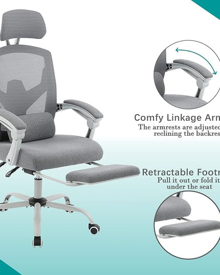 edx Ergonomic Office Chair, Reclining High Back Mesh Computer Desk Swivel Rolling Home Task Chair with Lumbar Support Pillow, Adjustable Headrest, Retractable Footrest and Padded Armrests, Grey - LeafyLoom
