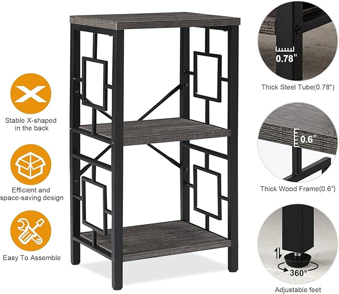 Small Bookshelf, 3 Tier Vintage Industrial Small Bookshelf for Small Spaces, Freestanding Open Shelf Bookcase, Versatile Bookshelf for Home Office, Bedroom & Living Room, Grey - LeafyLoom