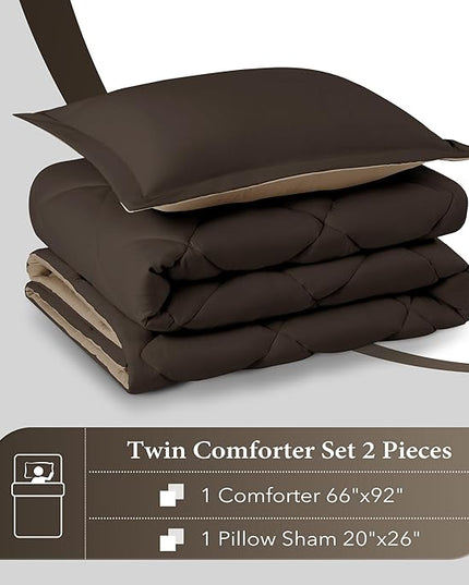 downluxe Twin Comforter Set - Brown and Tan Twin Comforter, Soft Bedding Sets for All Seasons -2 Pieces - 1 Comforter (66"x92") and 1 Pillow Sham(20"x26") - LeafyLoom