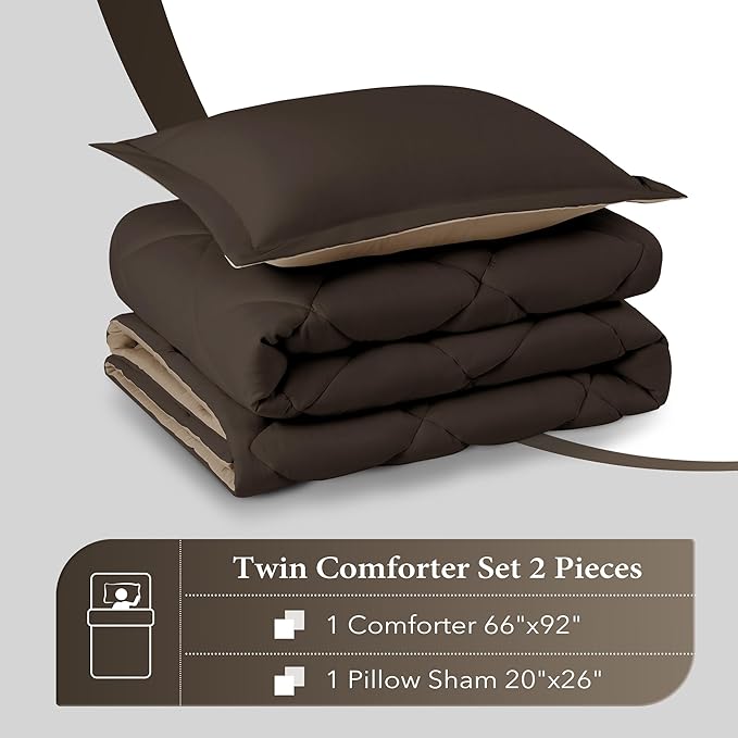 downluxe Twin Comforter Set - Brown and Tan Twin Comforter, Soft Bedding Sets for All Seasons -2 Pieces - 1 Comforter (66"x92") and 1 Pillow Sham(20"x26") - LeafyLoom