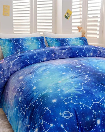 Holawakaka Tie Dye Constellation Print Ombre Comforter Set Full Size Girls Boys Gradient Galaxy Bedding Set (Cyan,Full) - LeafyLoom