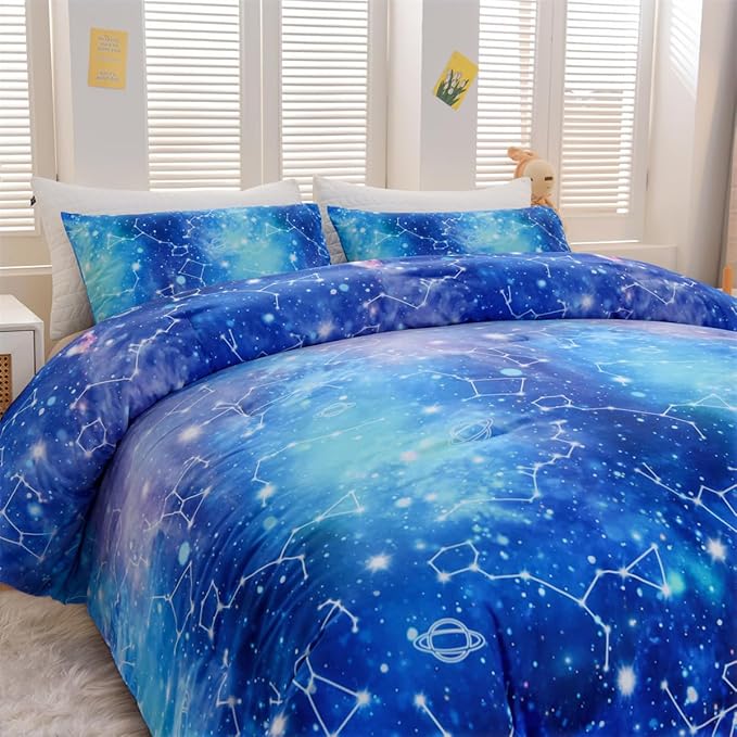 Holawakaka Tie Dye Constellation Print Ombre Comforter Set Full Size Girls Boys Gradient Galaxy Bedding Set (Cyan,Full) - LeafyLoom