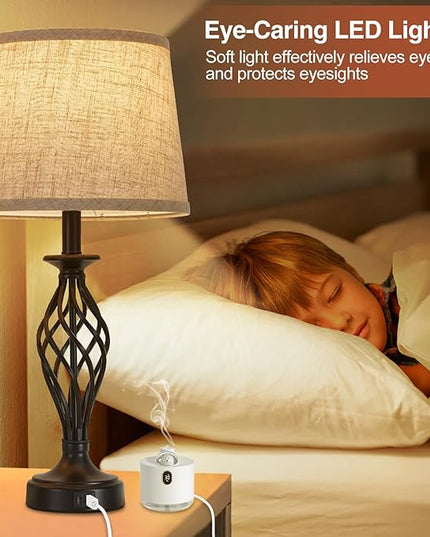 Table Lamp for Bedroom Set of 2 with USB C+A Ports, Modern Bedside Lamps with Spiral Cage Base, Fabric Shade, Nightstand Lamp for Living Room Reading Bed Side End Table, 2 LED Bulbs Included Black - LeafyLoom