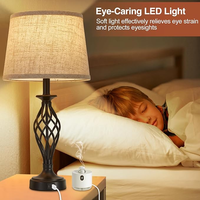 Table Lamp for Bedroom Set of 2 with USB C+A Ports, Modern Bedside Lamps with Spiral Cage Base, Fabric Shade, Nightstand Lamp for Living Room Reading Bed Side End Table, 2 LED Bulbs Included Black - LeafyLoom