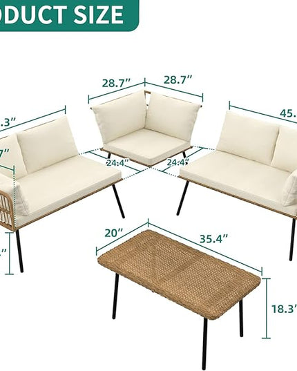 YITAHOME 4 Pieces Patio Furniture Set, Outdoor Rattan Woven Conversation Sectional L-Shaped Sofa with 5 Seater for Backyard, Porch, Boho Detachable Lounger with Cushions and Side Table - Beige - LeafyLoom
