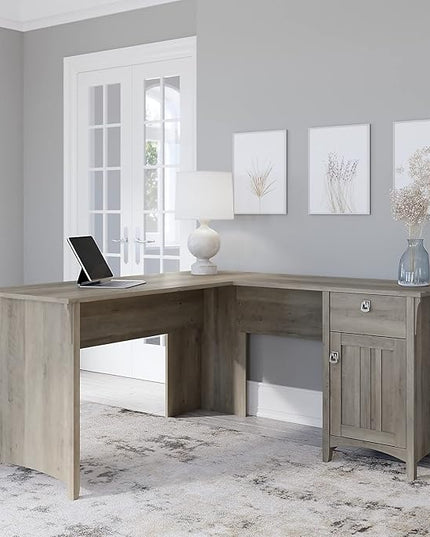 Bush Furniture Salinas L Shaped Desk with Storage in Driftwood Gray | Modern Farmhouse Corner Table with Drawers and Cabinets for Home Office - LeafyLoom
