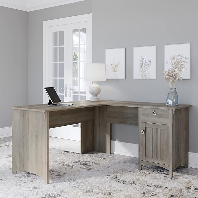 Bush Furniture Salinas L Shaped Desk with Storage in Driftwood Gray | Modern Farmhouse Corner Table with Drawers and Cabinets for Home Office - LeafyLoom