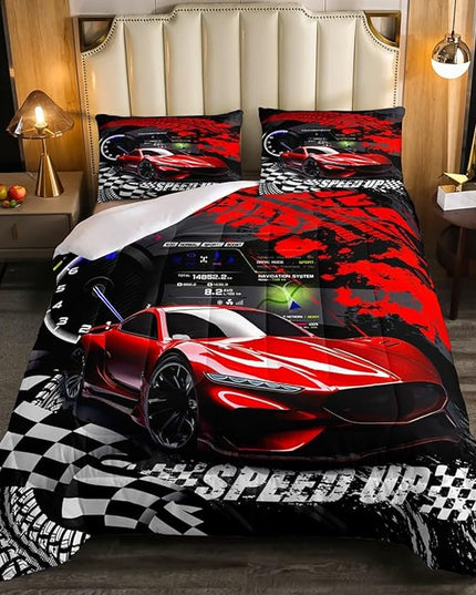 Feelyou Kids Boys Girls Red Race Car Comforter Set Full Size, Sports Car Comforter Comforter Set for Teens Toddler Race Car Bedding Set Racing car Duvet Set Bed Set Room Decor Bedding Collection - LeafyLoom
