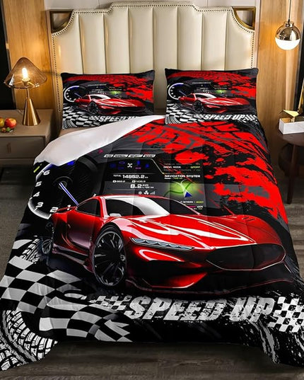 Feelyou Kids Boys Girls Red Race Car Comforter Set Queen Size, Sports Car Comforter Comforter Set for Teens Toddler Race Car Bedding Set Racing car Duvet Set Bed Set Room Decor Bedding Collection - LeafyLoom