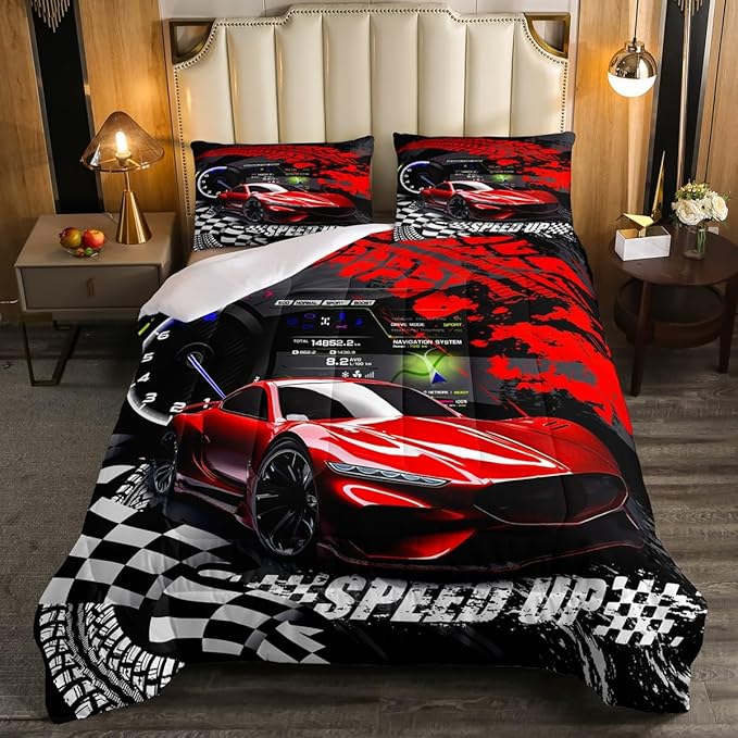 Feelyou Kids Boys Girls Red Race Car Comforter Set Queen Size, Sports Car Comforter Comforter Set for Teens Toddler Race Car Bedding Set Racing car Duvet Set Bed Set Room Decor Bedding Collection - LeafyLoom
