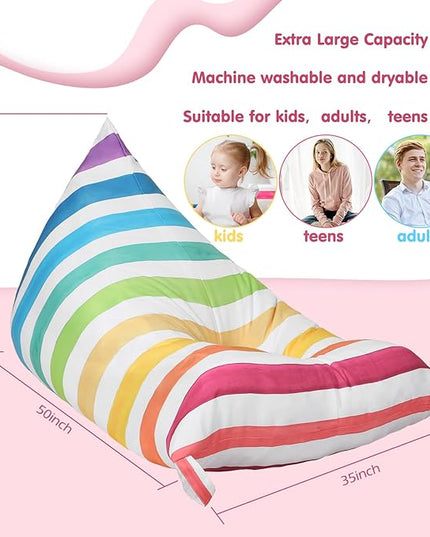 Stuffed Animal Storage Bean Bag Chair Cover Organizer Extra Large Beanbag Stuffed Animal Holder Canvas Stuff Animal Storage Sleeping Storage Bean Bag Chair Without Filling for Kids (Rainbow Style) - LeafyLoom